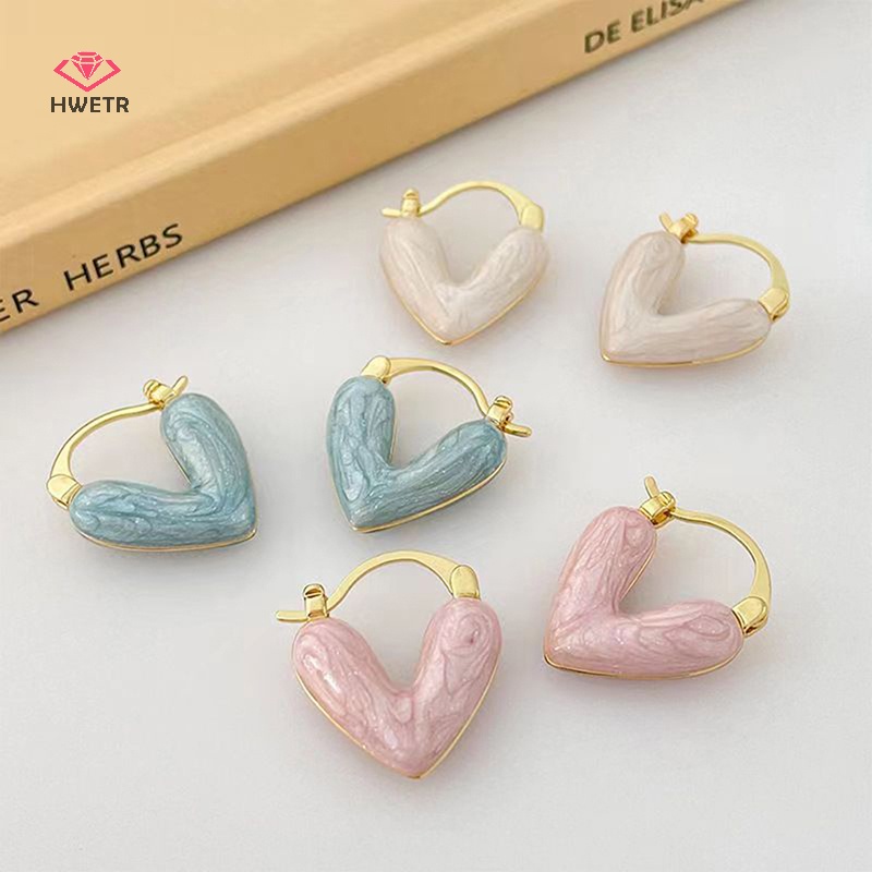 Khuyên tai HWETR mặt trái tim tráng men dáng thả phong cách Pháp thời trang mùa hè dành cho nữ