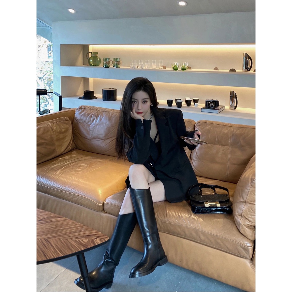 Áo khoác vest dài tay màu đen thường ngày rộng rãi nữ mùa thu 2023 mẫu mới phong cách Hàn Quốc khí chất thời trang