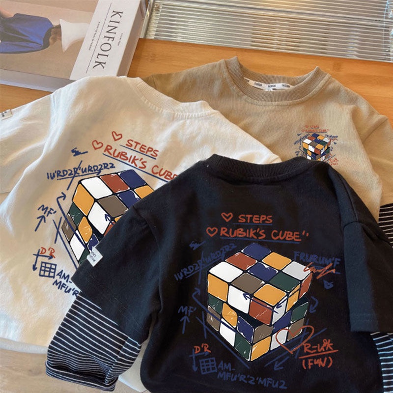 100% cotton boy dài tay áo nối áo thun in áo thun phong cách hàn quốc thời trang hàng đầu trẻ em mặc lỏng budak lelaki baju
