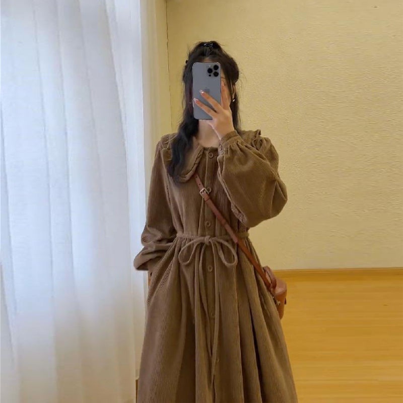 Đầm Tay Dài Cổ Búp Bê Phong Cách mori Hàn Quốc Dáng Rộng Lưng Hẹp Cho Nữ @ -