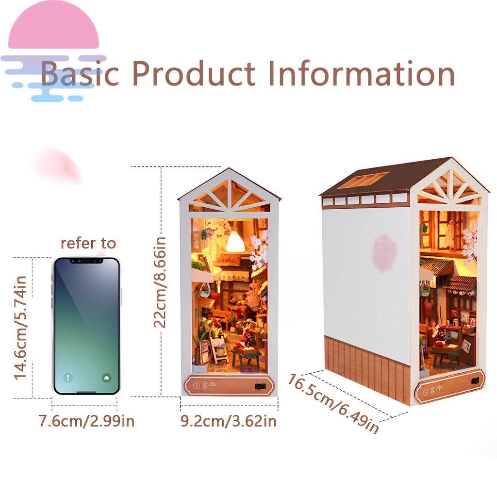 Diy book nook kit giá sách xếp hình bằng gỗ 3d chèn trang trí với đèn led diy miniature dollhouse model kit shopskc3583