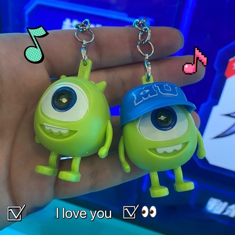Disney monsters university mike doll keychain led light sound i love you cute big eyes búp bê keychain whit rope bell mặt dây chuyền hiện tại