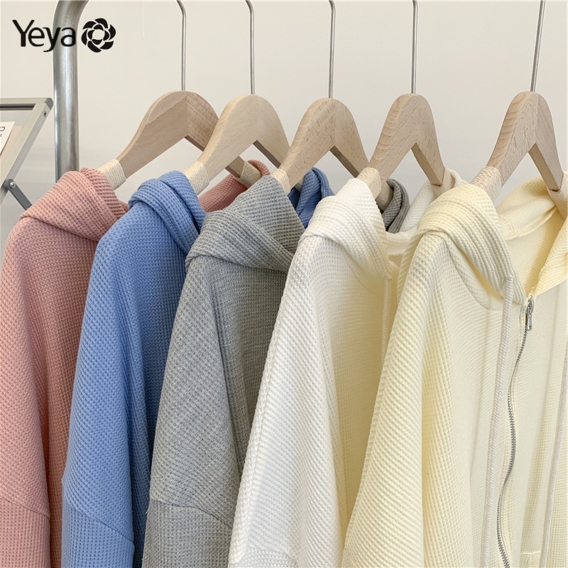 Yeya áo khoác có mũ trùm đầu waffle cardigan dây kéo áo len nữ rời áo khoác đồng màu
