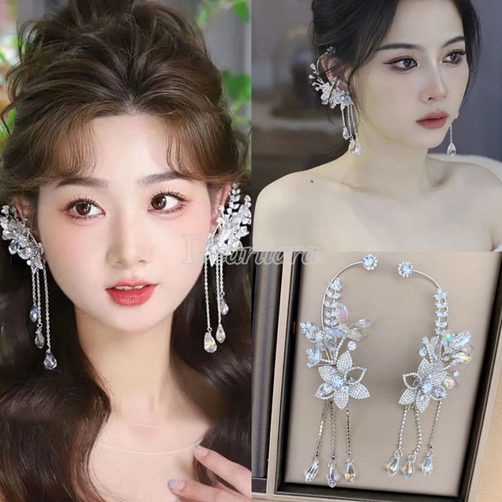 Bộ kim cương bông tai tua rua pha lê hoa zircon với bông tai tích hợp, bông tai kẹp xương cô dâu thời trang