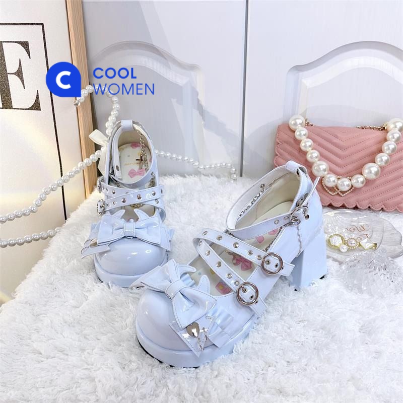Giày Cao Gót Đế Xuồng Chống Thấm Nước Đính Nơ Phong Cách Lolita y2k