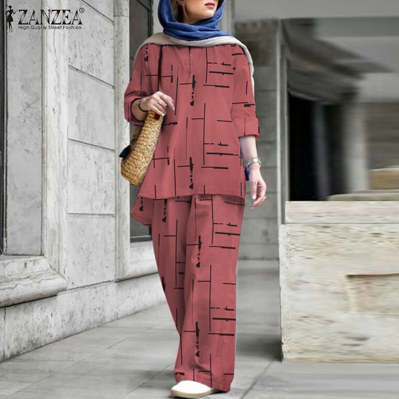 ZANZEA Set Áo Thun Ngắn Tay Cổ Chữ V + Quần Dài Lưng Thun Ống Rộng Thời Trang Nữ