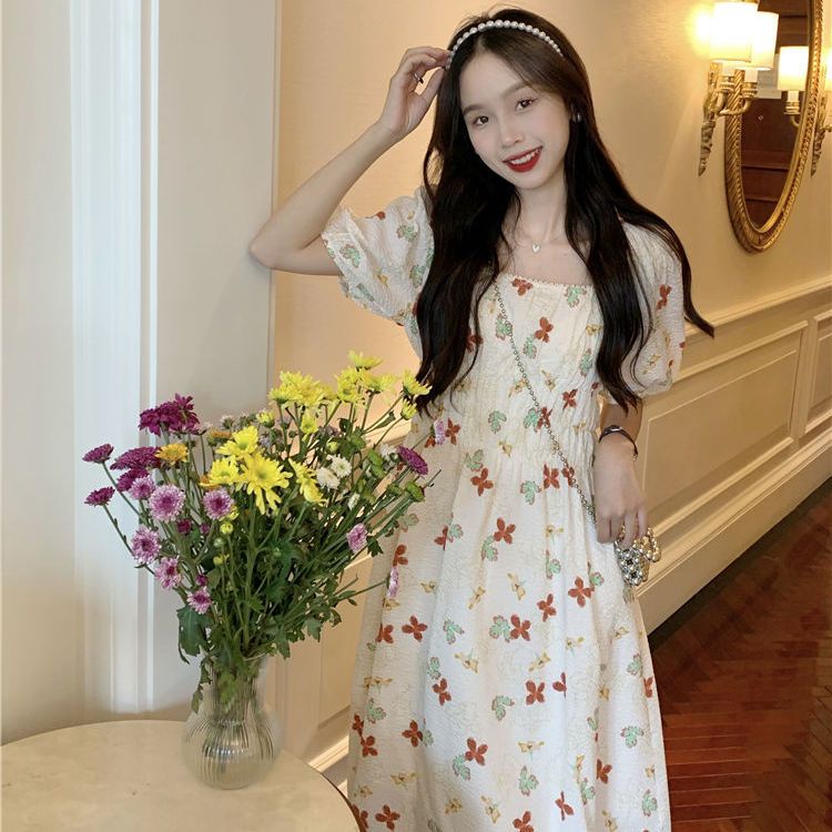 Đầm Cổ Vuông Tay Phồng In Họa Tiết Phong Cách Hàn Quốc Thời Trang Mùa Hè Xinh Xắn Cho Nữ