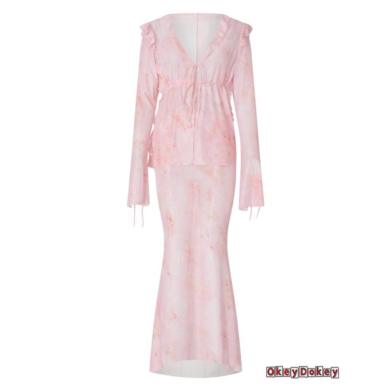 Okdk-bộ Áo Lưới Xuyên Thấu Buộc Dây Trước Và Chân Váy Dài Mùa Hè Cho Nữ