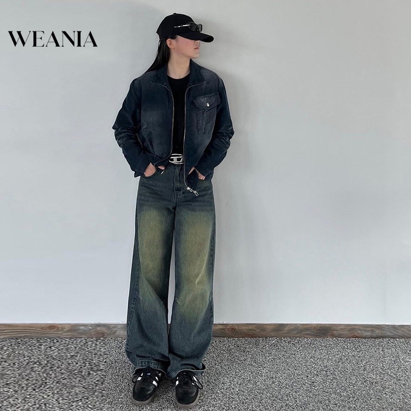Weania Quần Jean Ống Rộng Lưng Vừa Màu Sắc Gradient Phong Cách Retro Dành Cho Nữ