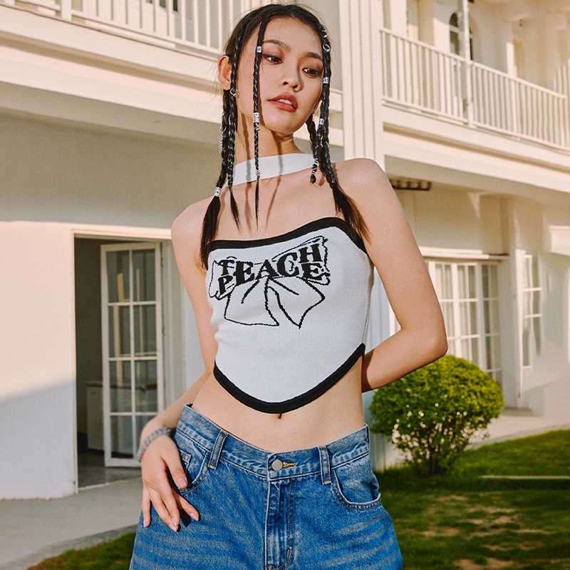 Áo Croptop Hai Dây In Chữ Thắt Nơ Phong Cách Retro Mỹ Cho Nữ