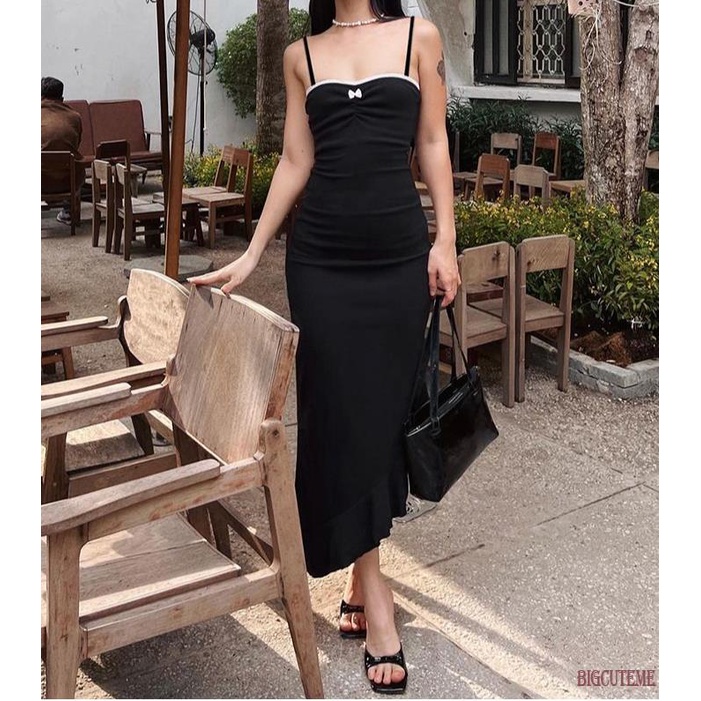 Đầm Dài Hai Dây Màu Đen Thời Trang Mùa Hè Cho Nữ