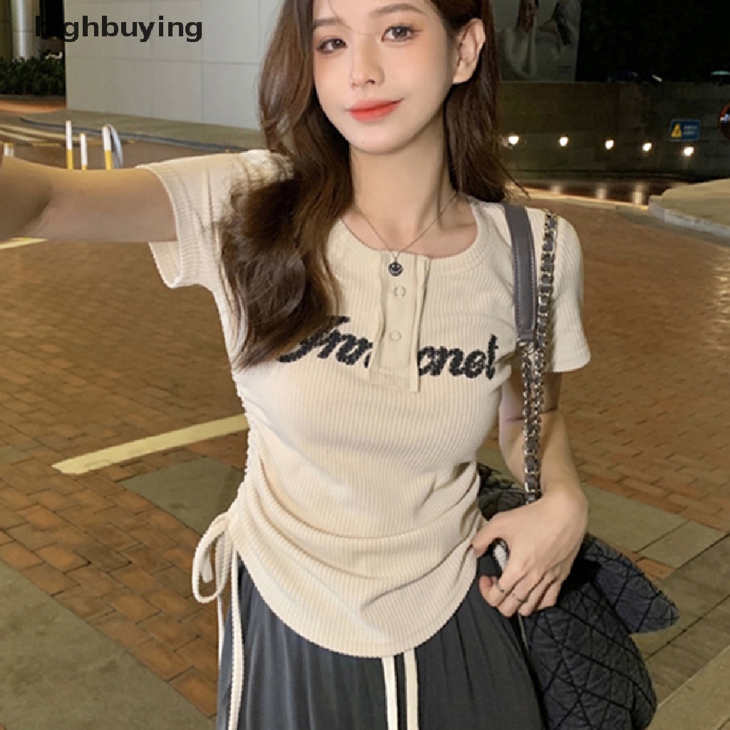 Áo Thun Ngắn Tay Cổ Tròn Dây Rút Thời Trang Nữ