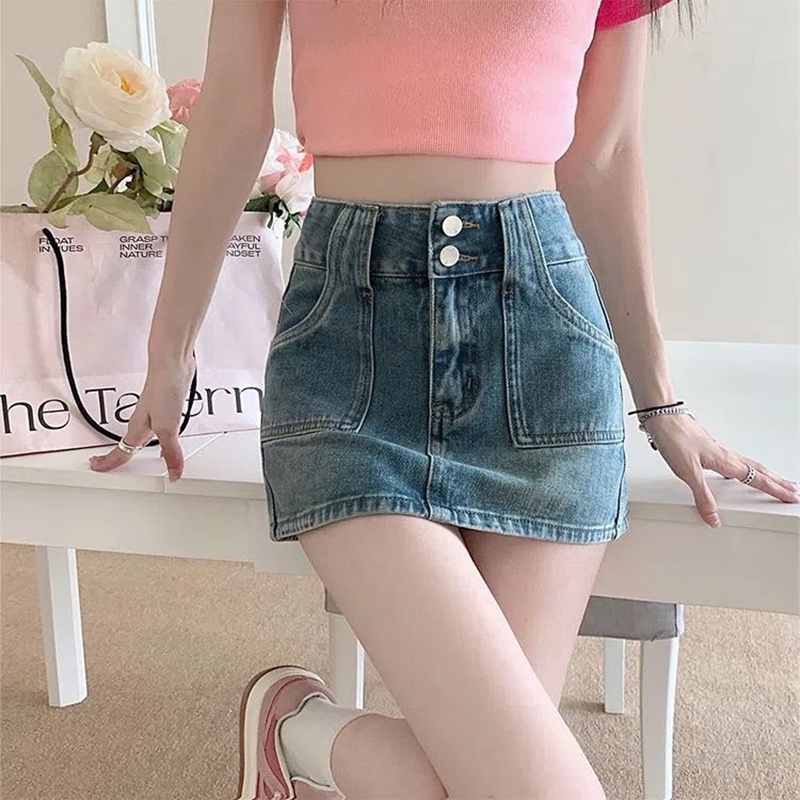 IELGY   Chân váy jean Lưng Cao Phong Cách retro Thời Trang Cho Nữ