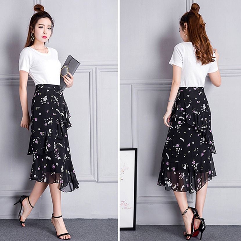 Chân Váy Voan Dài Lưng Cao Phối Bèo Lá Sen Thiết Kế Không Đồng Đều Thời Trang Xuân Hè 2023 Mới