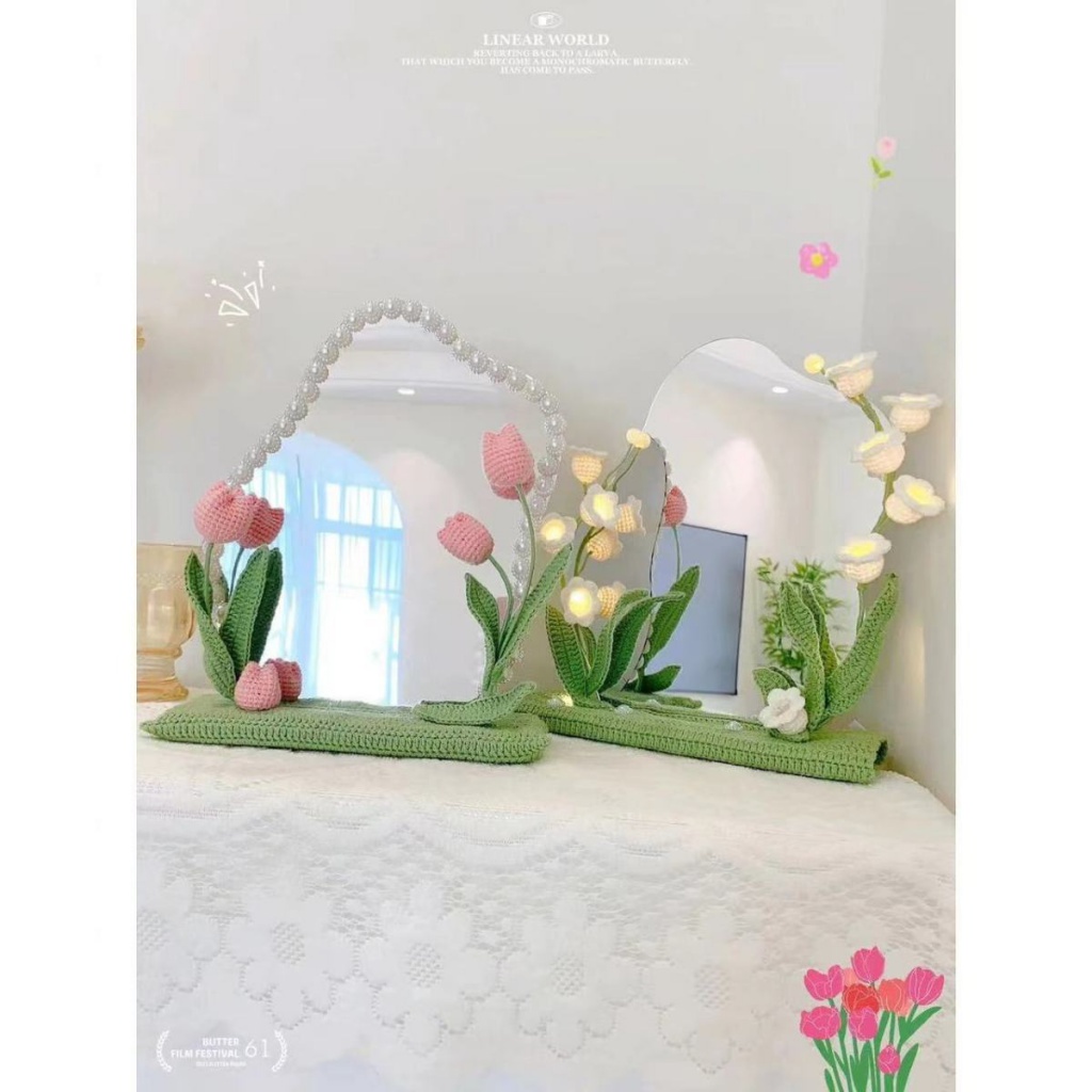 Hoa Tulip Đan Len Thủ Công Để Bàn Trang Trí Gương Trang Điểm Thung Lũng Nhỏ Để Bàn Làm Quà Tặng Bạn Gái AZ