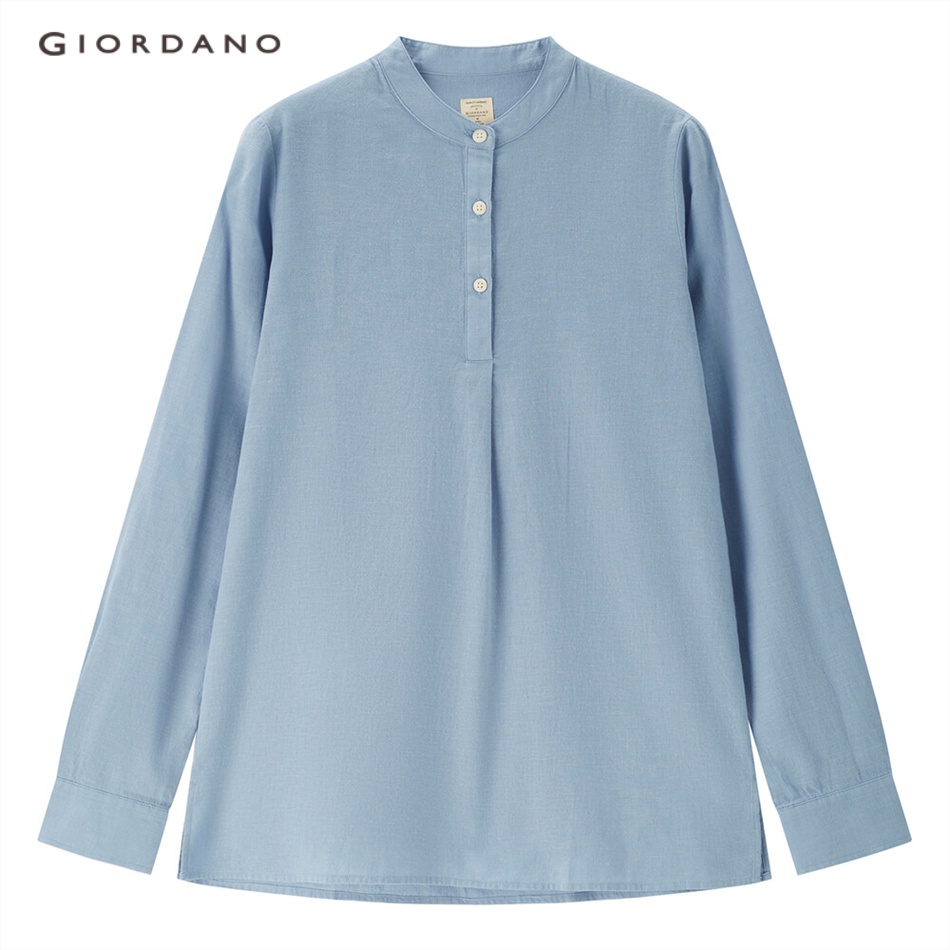 Áo sơ mi GIORDANO 05341203 vải lanh dài tay cổ đứng thời trang dành cho nữ