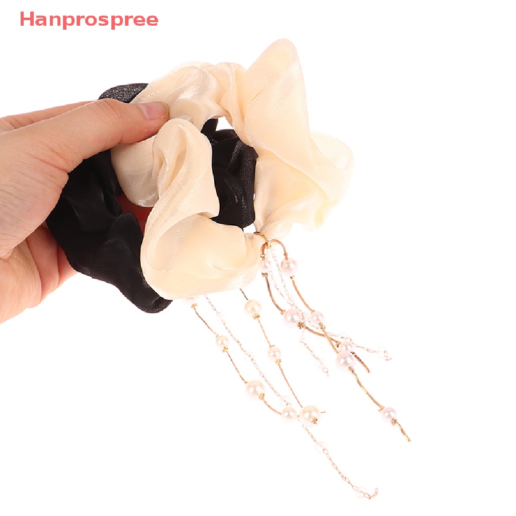 Dây Cột Tóc Chiffon Bản Lớn Đính Đá &amp; Ngọc Trai Phối Tua Rua Thời Trang Cho Nữ