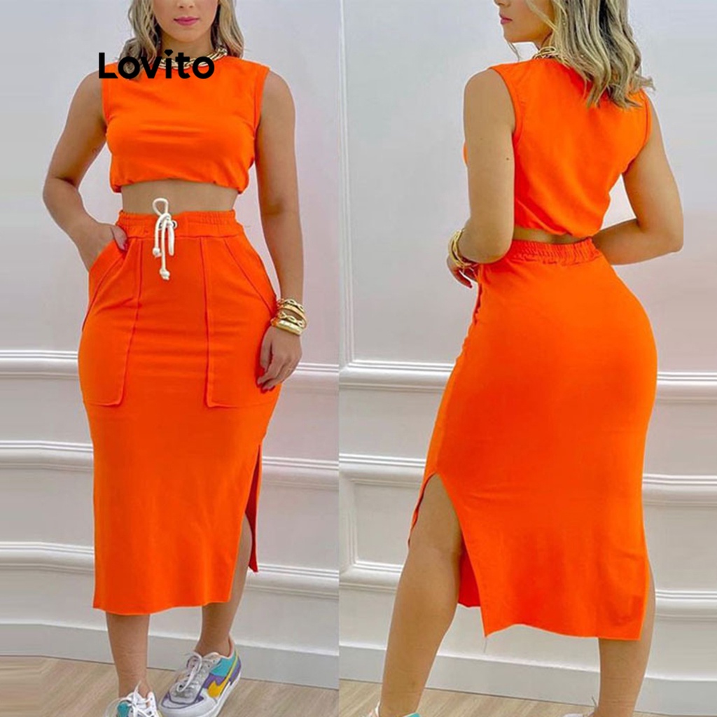 Lovito Bộ Váy Xẻ Tà Phối Ren Trơn Thường Ngày cho Nữ LNE05079 (Đen)