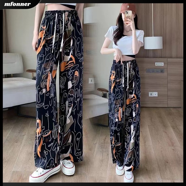 Quần Dài Lưng Cao Ống Rộng Dây Rút In Họa Tiết Thời Trang Cho Nữ