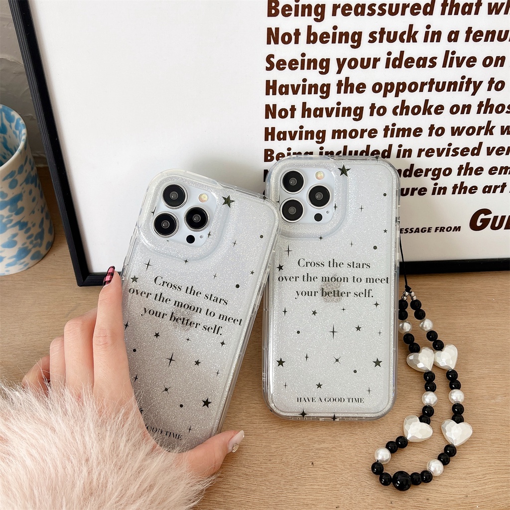 Ốp Điện Thoại Tpu Mềm Trong Suốt Hai Mặt Chống Sốc Phối Dây Xích Ngọc Trai Cho iphone 14Pro Max 13 12 11