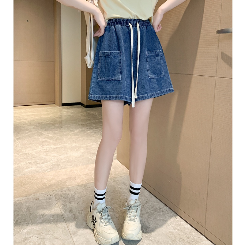 Quần Short Jean Nữ Lưng Cao Dây Rút Màu Trơn Thời Trang