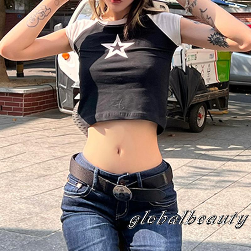 Áo Thun Tay Ngắn Raglan Màu Đen In Họa Tiết Ngôi Sao Cơ Bản Thời Trang Mùa Hè Dành Cho Bạn Nữ