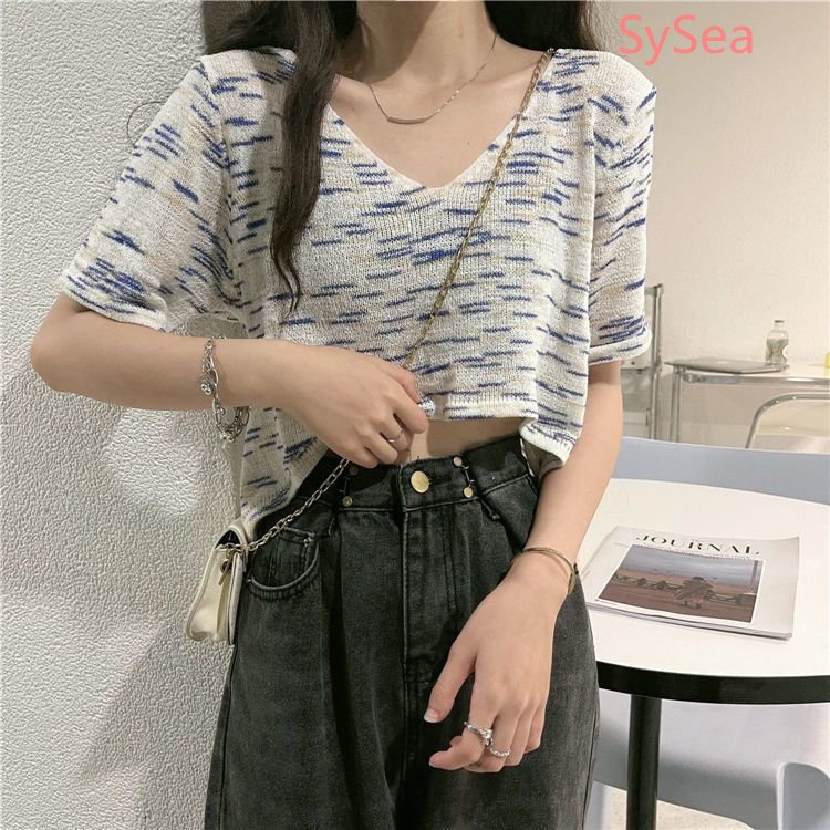 Áo Croptop Dệt Kim Kẻ Sọc Thời Trang Mùa Hè Cho Nữ