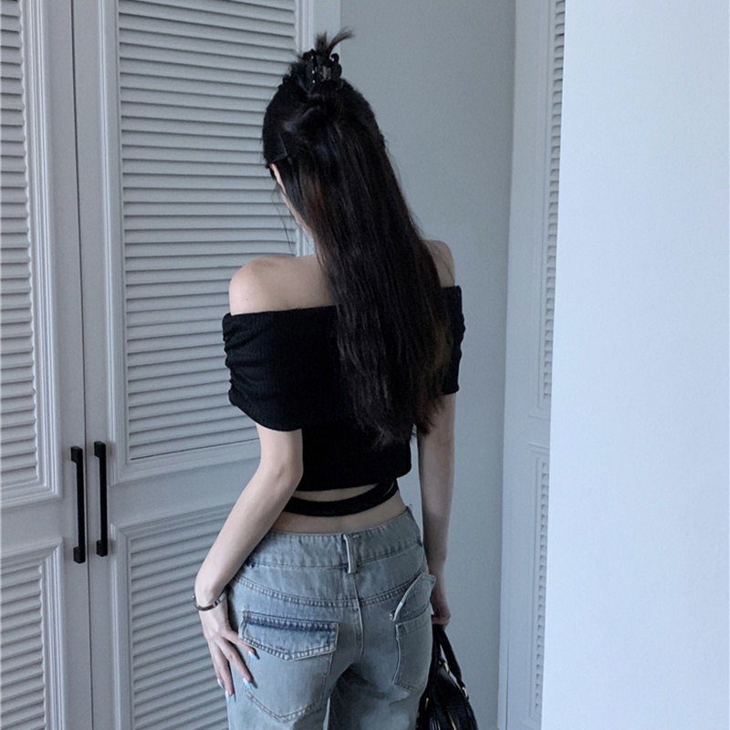 IELGY Áo sweater Dệt Kim Trễ Vai Tay Ngắn Màu Trắng Phong Cách Cổ Điển Thời Trang Cho Nữ