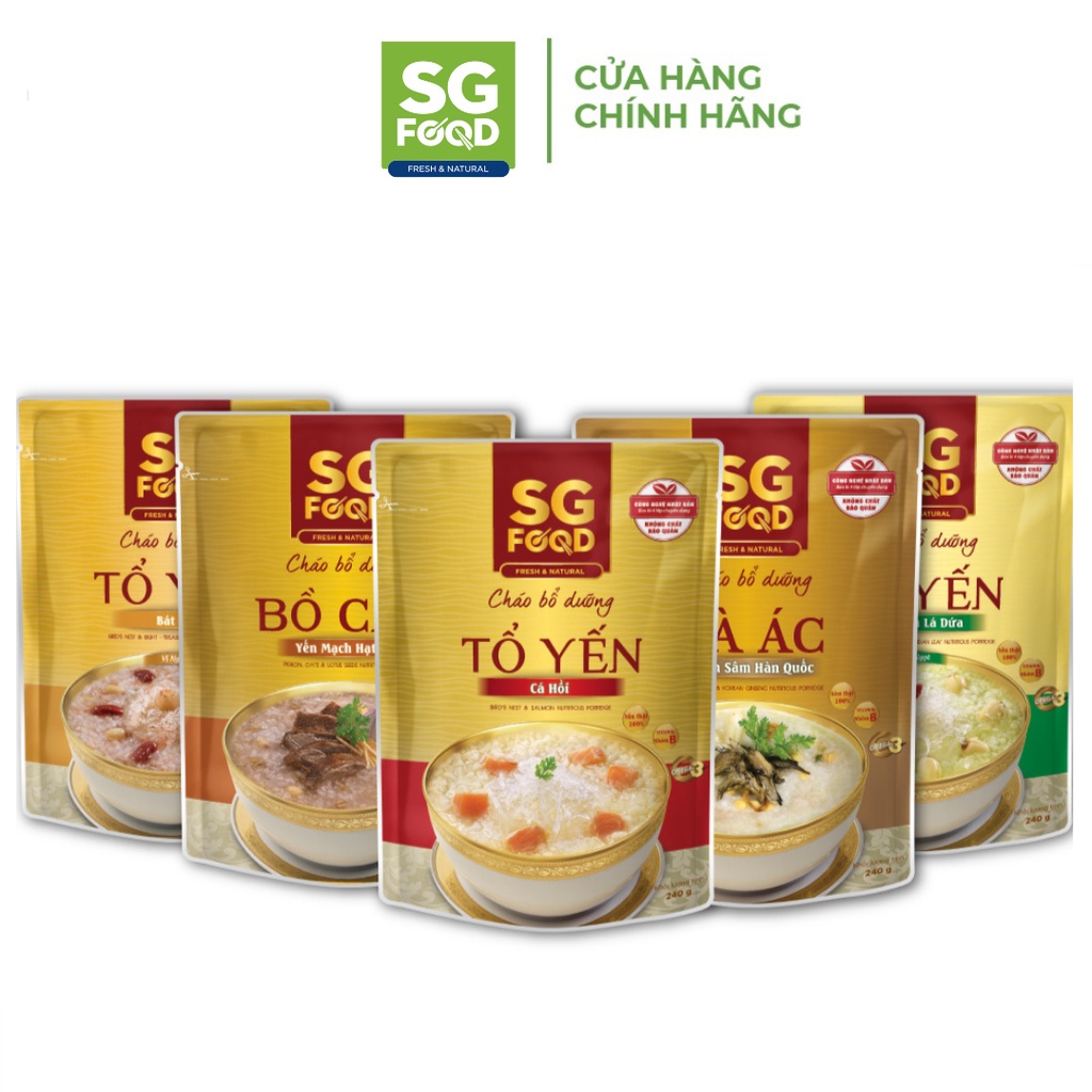 Combo 5 Cháo Bổ Dưỡng Sài Gòn Food 240g (Tổ Yến Cá Hồi, Tổ Yến Hạt Sen, Tổ Yến Bát Bảo, Gà Ác, Bồ Câu)