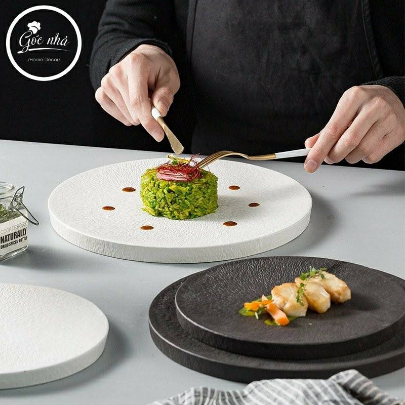 Dĩa Sứ Terra Vân nổi dáng tròn thích hợp cácmón Beefsteak, cá phi lê dành cho nhà hàng cao cấp