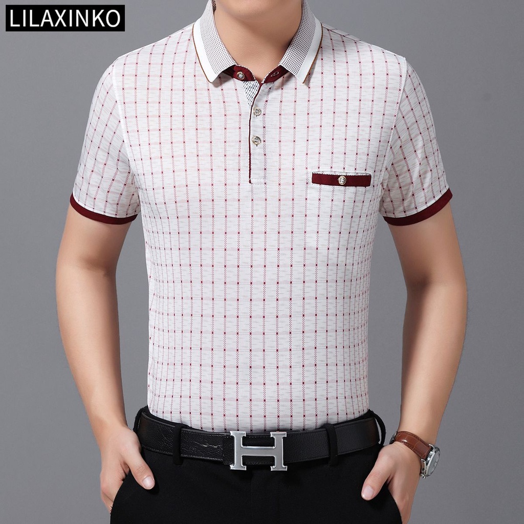 Áo Thun Polo Tay Ngắn Có Túi Họa Tiết Sọc Caro 2 Màu Thời Trang Cho Nam