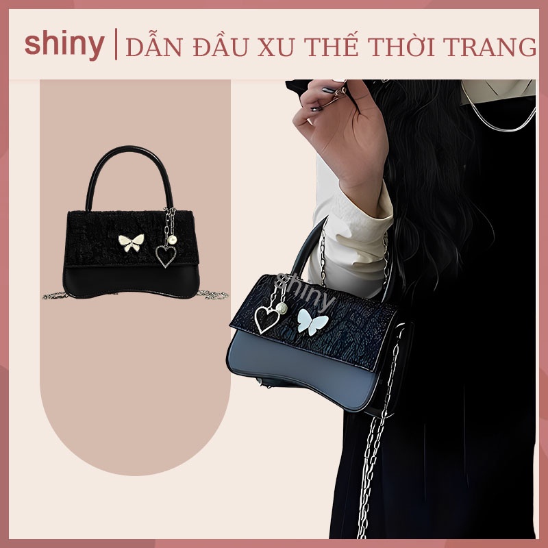 Túi Xách dây xích nữ bướm mini mới túi da đeo chéo đen cổ điển Thời trang hàn quốc bag【shiny】
