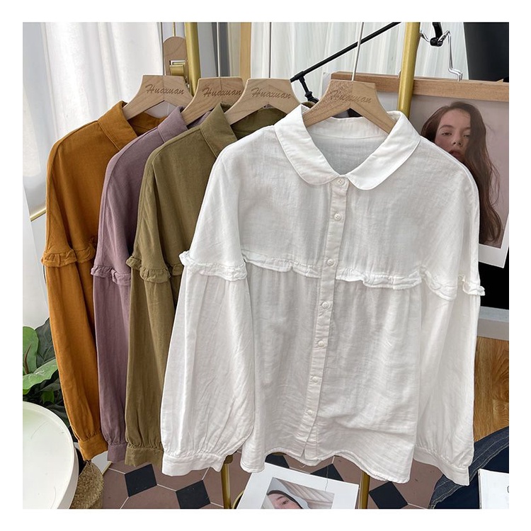 Áo Sơ Mi Cotton Lanh Tay Phồng Dài Cổ Bèo Thời Trang Xuân Thu Dành Cho Nữ