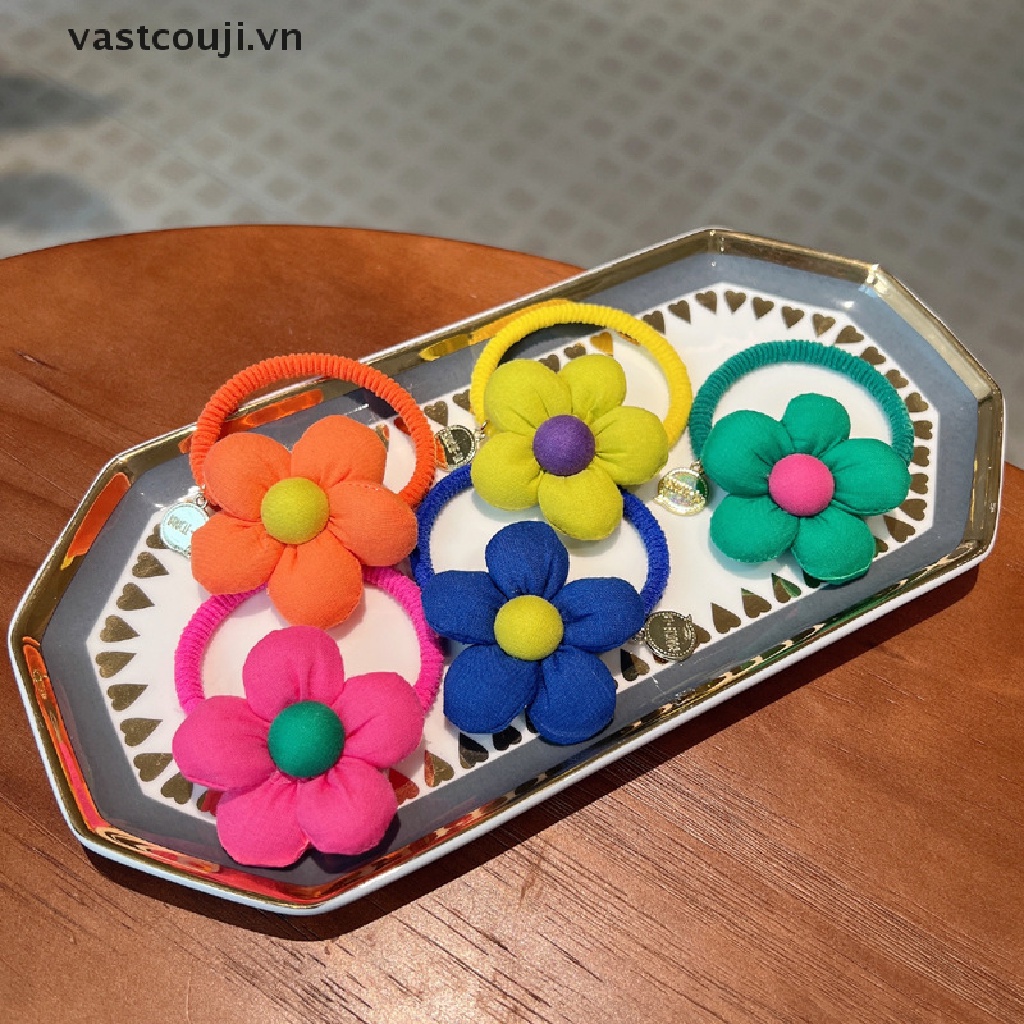 1 Dây Cột Tóc Co Giãn Màu Trơn Gắn Hoa Hoạt Hình Dễ Thương Cho Bé Gái