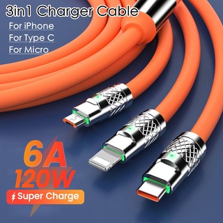 Dây cáp sạc nhanh 3 trong 1 6a 120w usb type c sang type-c 8-pin micro usb cho huawei samsung xiaomi