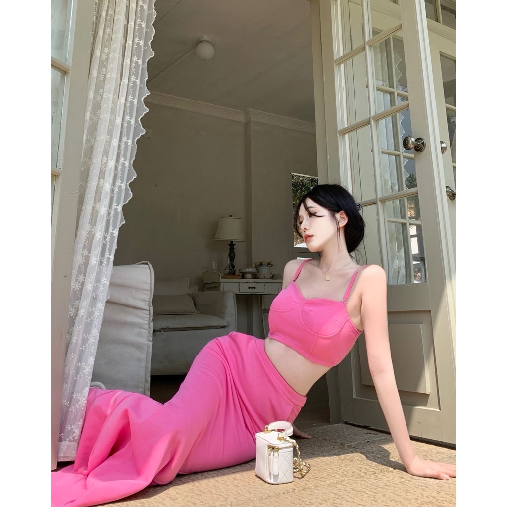Bộ Áo Ống Màu Trơn + Chân Váy Đuôi Cá Lưng Cao Thời Trang Mùa Hè Quyến Rũ Cho Nữ