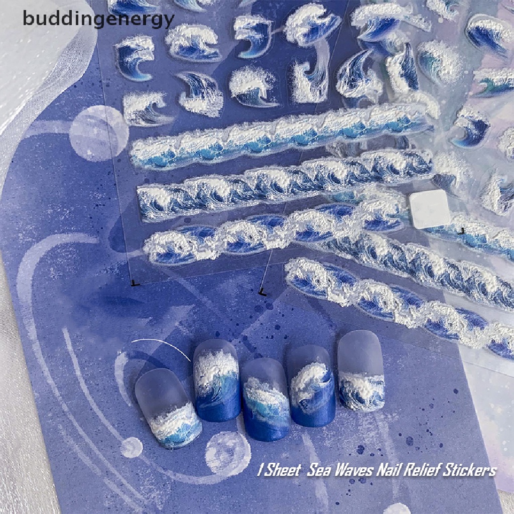 Miếng Dán Mềm Mại Dập Nổi Hình Sóng Biển Trắng Xanh 5D Trang Trí Móng Nghệ Thuật