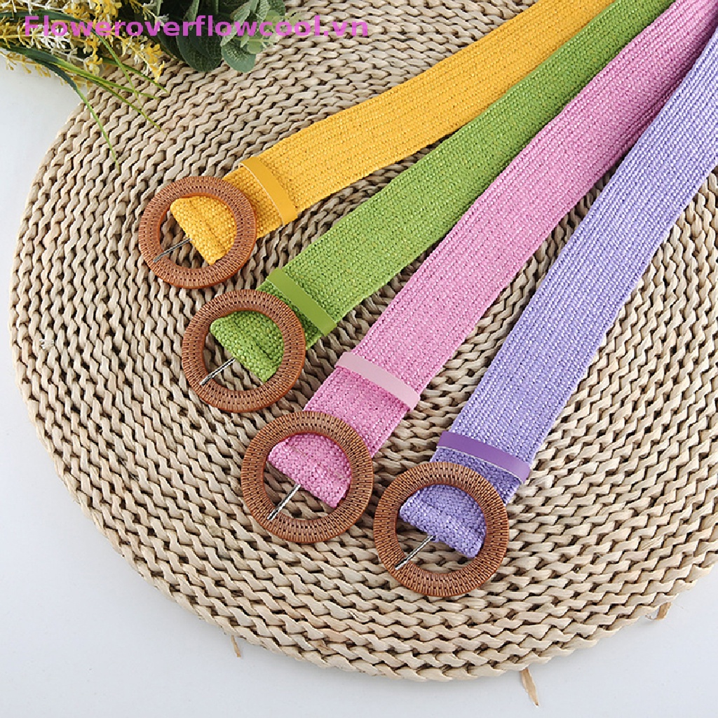 Thắt Lưng Bện Sợi Rơm Bản Rộng Co Giãn Có Khóa Vuông Phong Cách Bohemia Thời Trang Cho Nữ