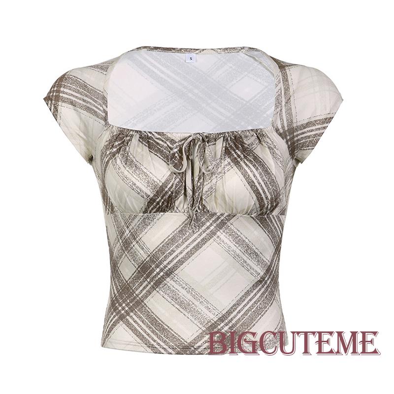 Áo Thun Ngắn Tay Cổ Vuông Buộc Dây Họa Tiết Sọc Caro Thời Trang Mùa Hè Cho Nữ