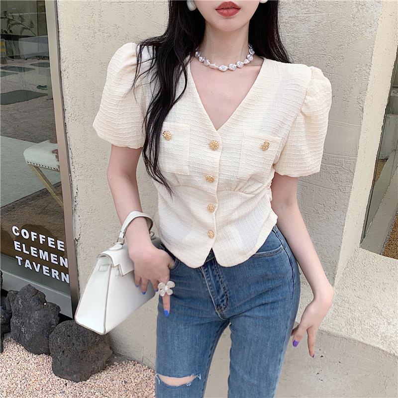 Áo Sơ Mi Tay Ngắn Phồng Cổ Chữ v Phong Cách Pháp Thời Trang Mùa Hè 2023 Mới
