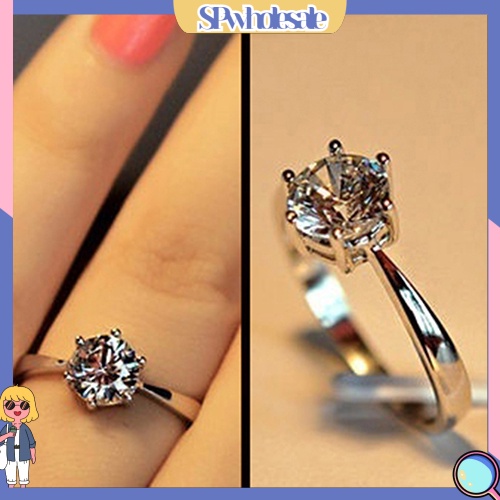 <SPwholesale> Nhẫn Cưới Mạ Bạc Đính Đá Zircon Tròn Lớn Sang Trọng Cho Nữ