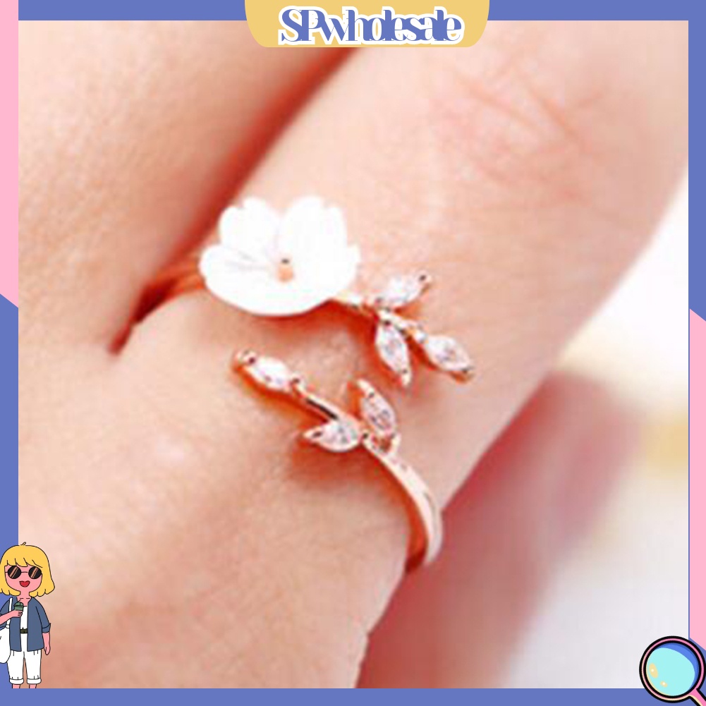 <SPwholesale> Nhẫn Hợp Kim Hở Hình Cành Hoa Vỏ Sò Đính Đá Thời Trang Cho Nữ