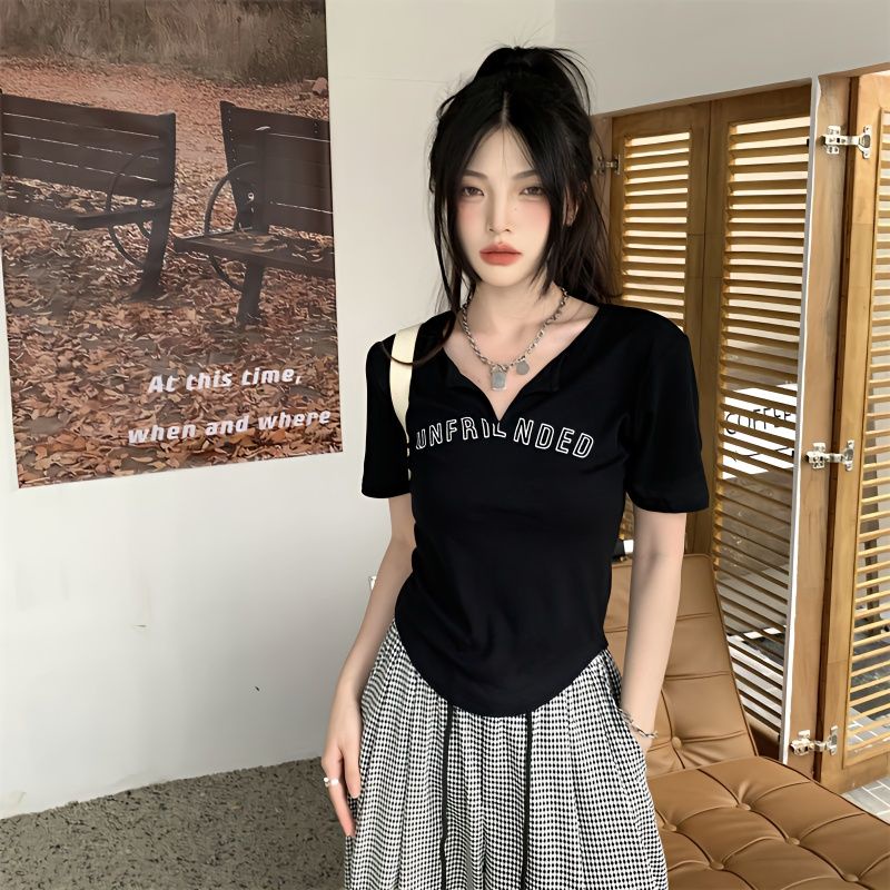 COZOKC Áo Thun Tay Ngắn Cổ Chữ V In Chữ Phong Cách Vintage