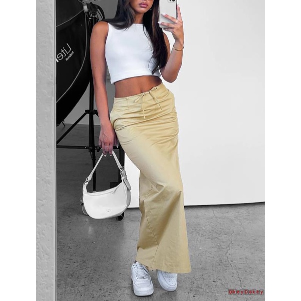 Chân Váy Lưng Cao Y2K Màu Trơn Thời Trang Mùa Hè Cho Nữ