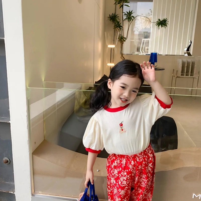 Áo Thun Tay Ngắn Họa Tiết Chấm Bi Phối Màu Tương Phản Thời Trang Hàn Quốc Cho Bé Gái