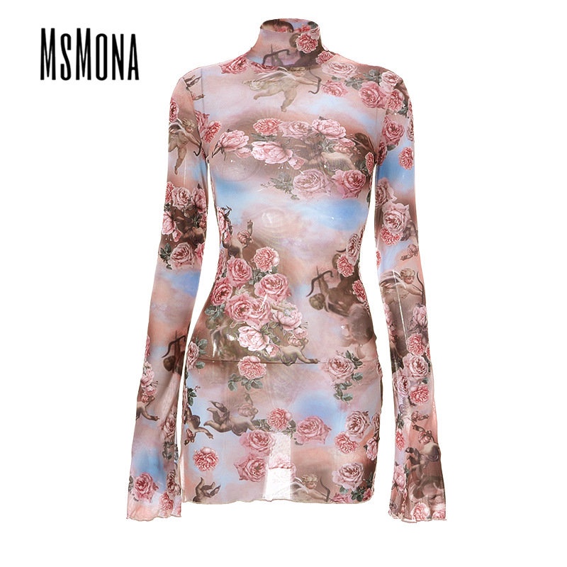 Đầm Tay Dài Cổ Lọ Phối Lưới Xuyên Thấu Quyến Rũ Thời Trang 2023 Cho Nữ