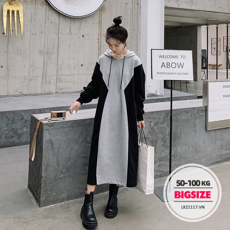 Đầm nỉ Bigsize Váy hoodie nữ dáng suông tay dài mùa thu Phong cách Hàn Quốc Thời Trang cá tính xinh đẹp cho người mập béo nữ