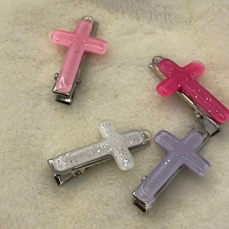 Kẹp Tóc Mỏ Vịt Bằng Kim Loại Lấp Lánh Hình Chữ Thập Y2K