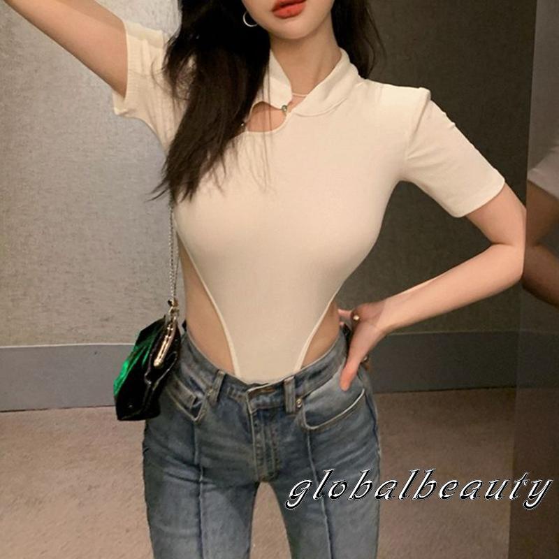 Áo Liền Quần Ngắn Tay Cổ Đứng Khoét Lỗ Cắt Eo Phối Nút Thời Trang Cho Nữ