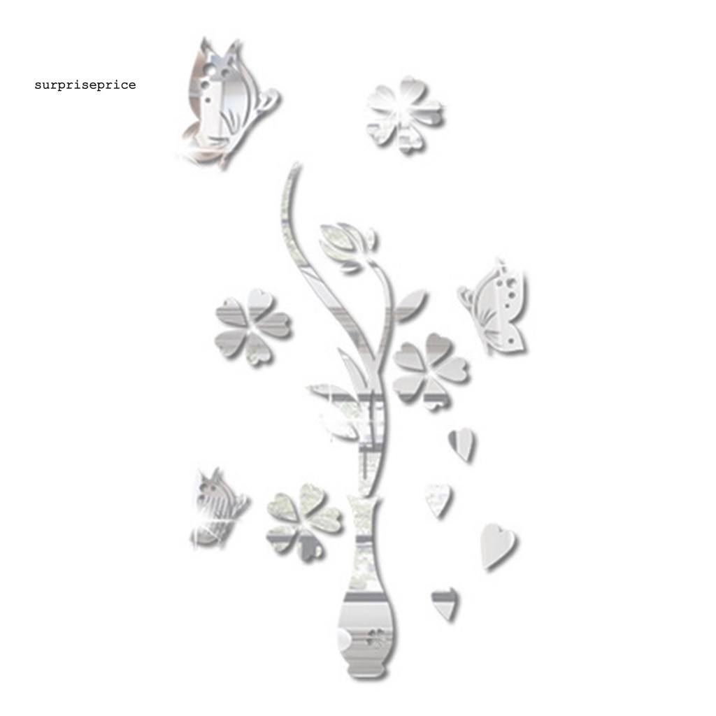 Sticker Dán Tường Bằng Acrylic Mặt Gương Hình Lọ Hoa Và Bướm Trang Trí Nhà Cửa